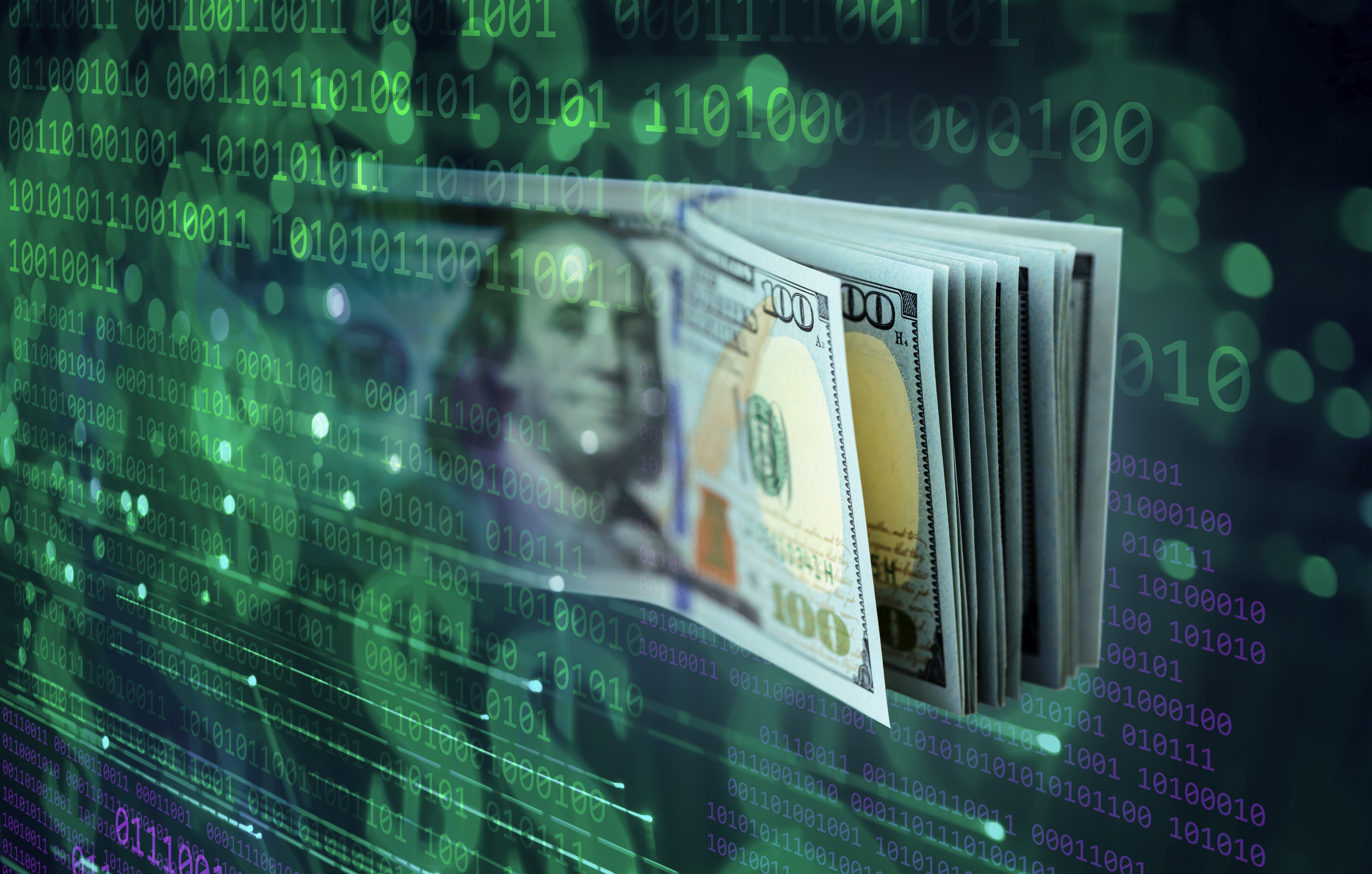Financial Technologies - binary code background with dollar banknotes